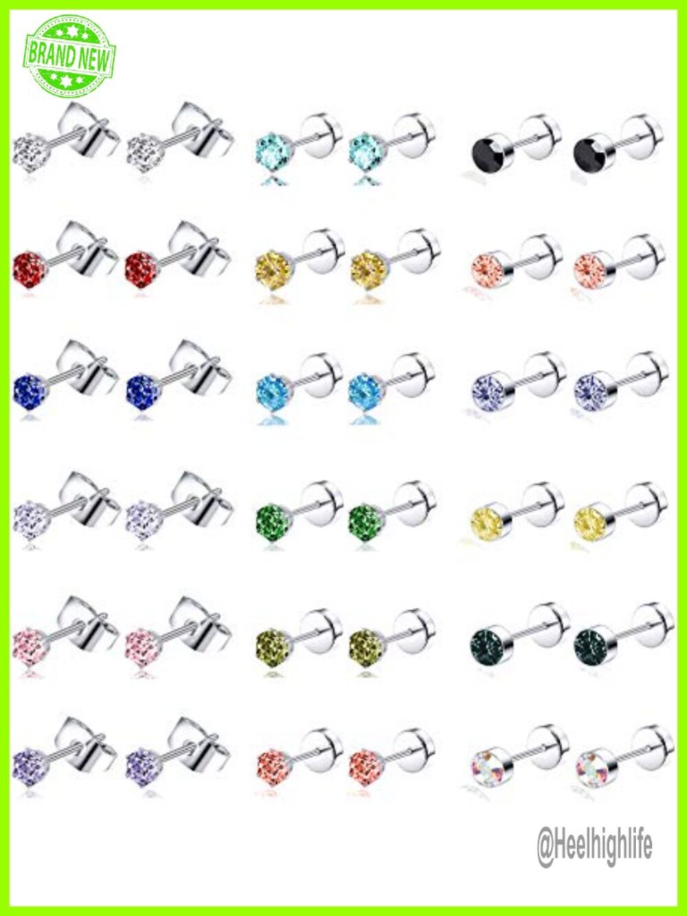 18 Pairs Stainless Steel CZ Stud Earrings Set 20G Cartilage Helix Screwback